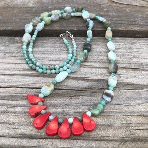 Genuine Peruvian opal and Red Coral Fringe Necklace Solid Sterling Silver 925
